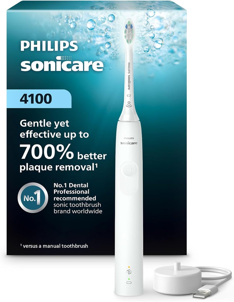 Philips 4100 Power Toothbrush - Rechargeable Electric Toothbrush with Pressure Sensor, White HX3681/23 - Image 1